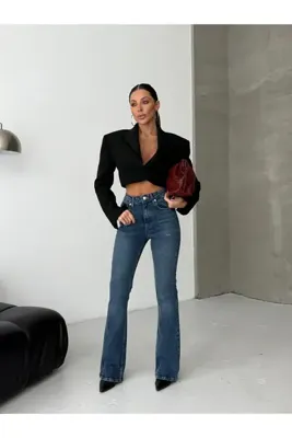 HerTon Yüksek Bel Klasik Mavi İspanyol Paça Kadın Denim Pantolon