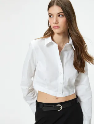 Koton Crop Gömlek Uzun Kollu Slim Fit Klasik Yaka Pamuklu