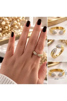 Genel Markalar Zirkon Taşlı Paslanmaz Çelik Ayarlanabilir Yüzük Gold