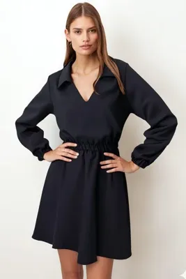 armonika Kadın Füme Gömlek Yaka Detaylı Beli Ve Kolu Lastikli Elbise ARM-26K001023