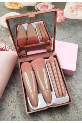 Ronanna C005 Taşınabilir 5 Parçalı Aynalı Profesyonel Makyaj Fırça Seti - Taşınabilir Mini 10.5Cm Bakır Renk