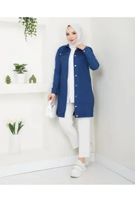 AVK MODA Uzun Kollu Kadın Tesettür Kot Ceket Düğmeli
