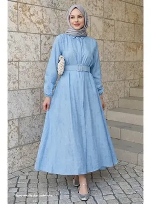 InStyle Gömlek Yaka Kemerli Düz Bebe Mavisi Elbise