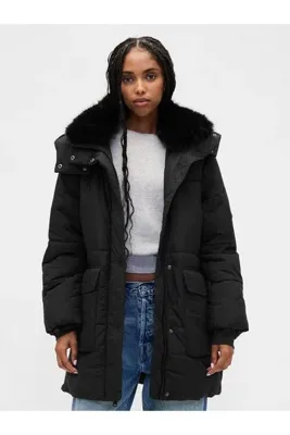 GAP Kadın Siyah Faux Fur-Trim Midi Puffer Şişme Mont