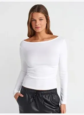 Dilvin 31401 Büzgülü Kayık Yaka Top-Beyaz