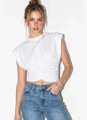 Shade Kadın Pamuklu Bisiklet Yaka Drape Detaylı Vatkalı Sandy Bluz ÖB261053 60286432 - Beyaz