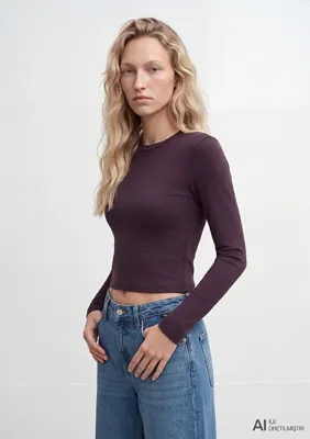 Mavi Uzun Kollu Mor Crop Basic Tişört