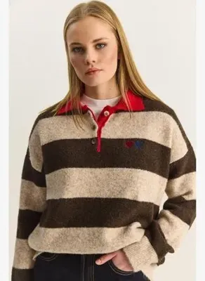 Shade Kadın Oversize Çizgili Polo Yaka Kalp Desen Nakış İşlemeli Triko Kazak 2632 60283920 - Krem-Kahveren