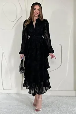 Elbee Fashion Woman Siyah Volanlı Şeritli Kat Kat Elbise
