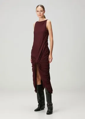 Loewe Bordo Drapeli Midi Kokteyl Elbise