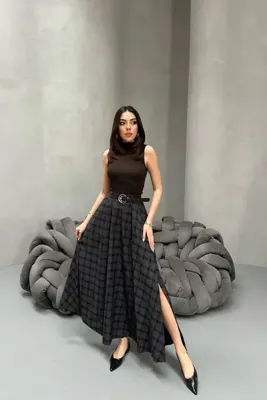 Elbee Fashion Woman Siyah Yırtmaçlı Ekose Etek
