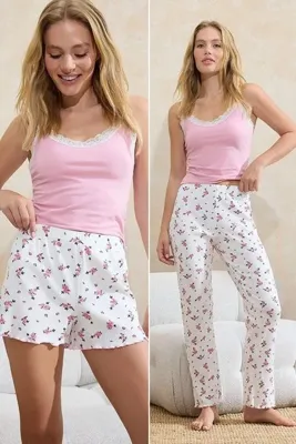 TRENDYOLMİLLA Pembe-Beyaz 3'lü Pamuk Karışımlı Çiçekli Dantel Detaylı Alt Kaşkorse Örme Pijama Takımı THMSS26PT00015