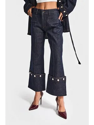 it's basic Kadın İndigo Renk 7w5-50 Crop Straight Fit Paça Detaylı Tasarım Denim Jean