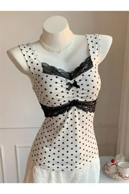 İsra Ayyıldız Moonstar Collection Coguette Lolita Kalın Askılı Puantiyeli Dantel Detaylı Tam Boy Bluz