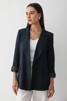 JASTE Kadın Lacivert Çizgili İçi Astarlı Kol Detaylı Blazer Ceket