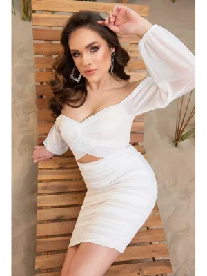 CARMEN Ekru Tül Büzgülü Uzun Kollu Midi Boy Nikah Abiye Elbise