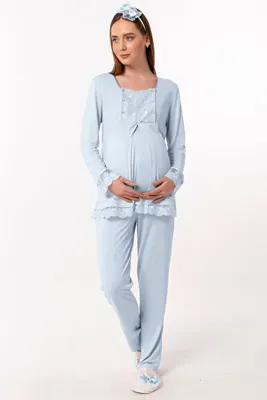 ByLohusa Doğum Öncesi ve Sonrası İçin Pamuklu Emzirme Özellikli Hamile Lohusa Pijama Takımı Effortt - Mavi