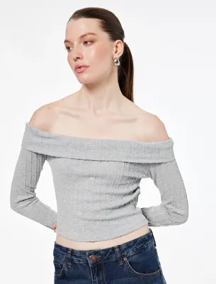 Koton Slim Fit Uzun Kollu Saç Örgü Dokulu Omzu Açık Bluz
