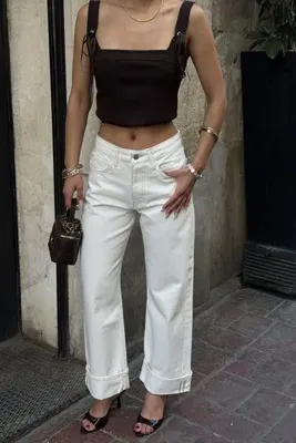 MEECY Kadın Ekru Wide Leg Jean Pantolon Dikiş Detaylı Kot