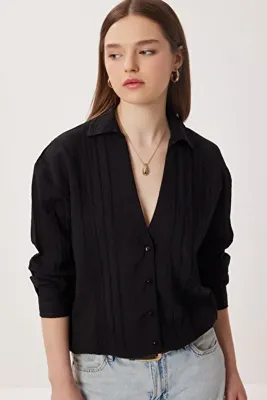 Lovelyİstanbul Oversize İşlemeli Dokuma Gömlek LDZ0062 SİYAH