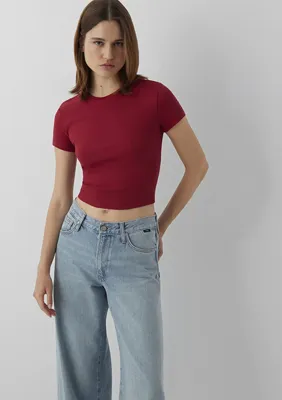 Mavi Kırmızı Basic Crop Tişört