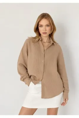 EDITION WOMAN Vizon Toprak Müslin Yıkamalı Oversize Pamuk Gömlek | EK100165030