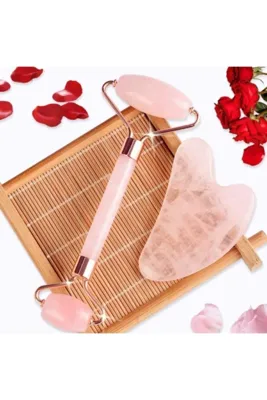 Zodyak Doğal Taş Pembe Kuvars Gua Sha Taşı Masaj Aleti Ve Face Roller 2'li Seti Doğal Taş
