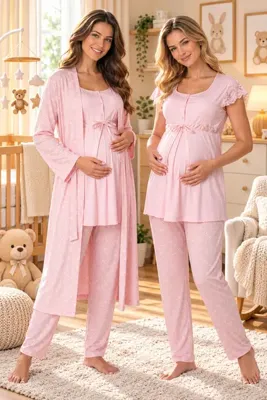 by İGP Desenli Hamile Lohusa Sabahlıklı Pijama Takımı Doğum Öncesi ve Sonrası Effortt