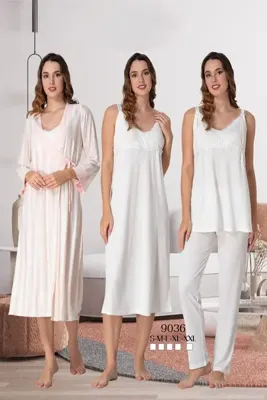 Lohussa Kadın Ekru Dantelli Askılı Pamuklu Lohusa Hamile Sabahlık Pijama Takımı Gecelik Set