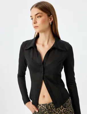 Koton Gömlek Yaka Tül Bluz Simli Düğmeli Uzun Kollu Slim Fit