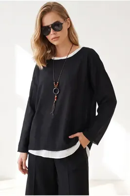 Olalook Kadın Siyah Boho Kolyeli 2 Li Loose Fit Bluz BLZ-19003385
