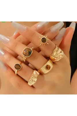 MURASSA BUTİK Vintage Güneş Desen Ayarlanabilir 6'lı Trend Yüzük Seti
