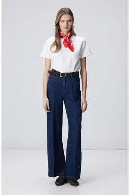Network Lacivert Wide Leg Denim Pantolon