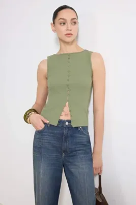 TRENDYOLMİLLA Haki Düğmeli Fitted/Vücuda Oturan Fitilli Esnek Örme Bluz TWOSS24BZ00306