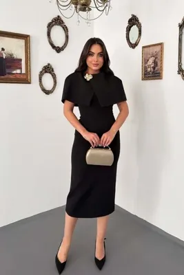 Elbee Fashion Woman Siyah PELERİN DETAYLI ELBİSE