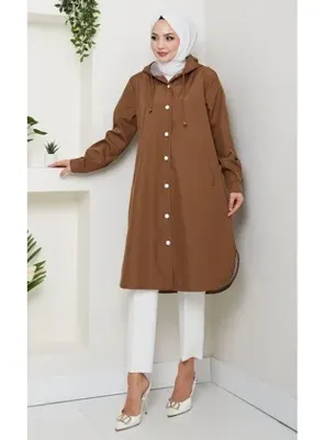 Harmatime butik Kadın Kapüşonlu İçi Çizgili Mevsimlik Taba Trenç