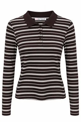 Mixray 2252 Kadın Çizgili Polo Yaka Uzun Kollu Slim Fit Bluz Kahve