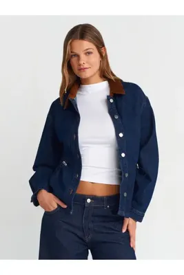Dilvin 65359 Yakası Kadife Rins Yıkama Denim Mont-Lacivert