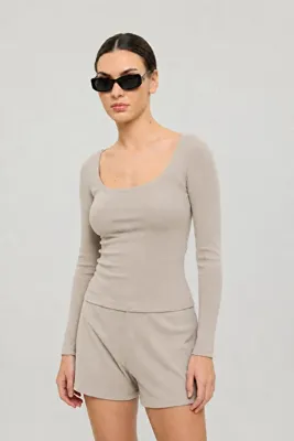 SHEISMONO Soft Rib Oval Yaka Bluz Bej