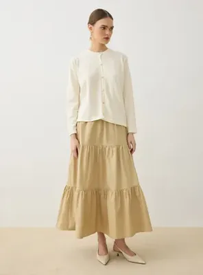 Refka Beli Lastikli Kat Detaylı Poplin Basic Etek - Bej - Refka