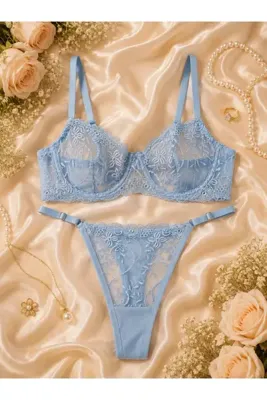 Genel Markalar Barbıe Blue Mavi Balenli Brode Dantelli Sütyen Takım - Bebek Mavisi - Lingerie Haven