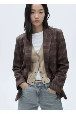 MANGO Woman Düz kesim kareli blazer ceket