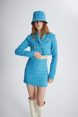 Holly Lolly Tüvit Kumaş Mini Tweed Etek Mavi