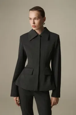 Vatkalı Gömlek yaka peplum blazer - Premium Edition