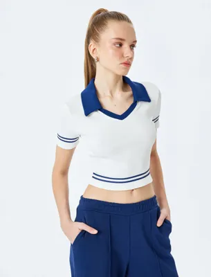 Koton Kısa Kollu Polo Yaka Biyeli Crop Tişört