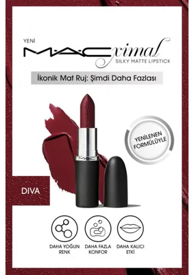 MAC ximal Silky Matte Lipstick Bordo Renkli Nemlendirme Etkili Yoğun Renk Sağlayan Ruj - Diva  Ruj - Diva İpeksi Mat Formül