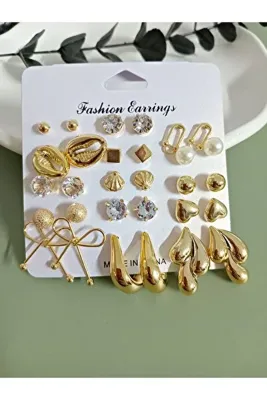 mos & more by mosev Gold 15 Çift 30 Adet Küçük Kombin Küpe Seti