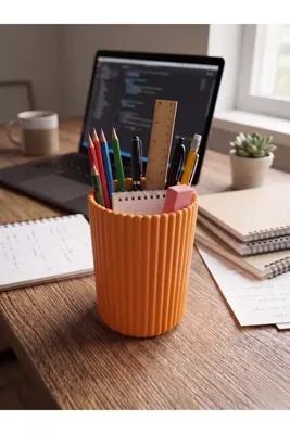 craftopya Dekoratif Çizgili Kalemlik ve Makyaj Fırçalığı Masaüstü Organizer Düzenleyici