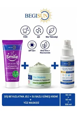 Begisun 3'lü Kişisel Bakım Seti - Diş Beyazlatma Jeli 50 ml + Yüz Maskesi 100 ml + SPF 50+ Güneş Kremi 50 ml