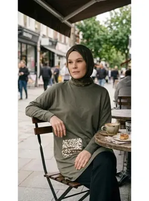 Plistre 2288_Kadın Altın Payet Cepli Siyah Tesettür Tunik - Bisiklet Yaka, Uzun Kollu, Şık Günlük / Abiye